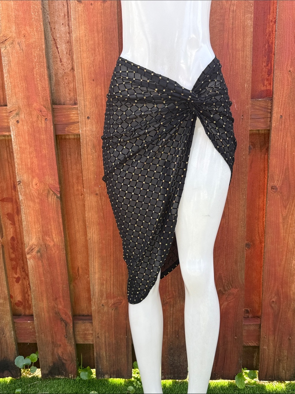 J.OUR Black Mesh Sarong Wrap Skirt Gold Glitter Velvet Grid Cover Up Size L
